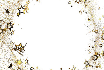 Sparkling gold stars and glitter border on white. Perfect for festive designs, celebrations, and luxury branding.