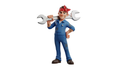 Friendly cartoon mechanic with wrench on shoulder ready for repairs and auto service offers reliability and expert automotive work