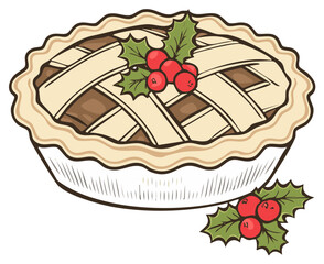 Festive illustration of a delicious baked pie decorated with holly and berries