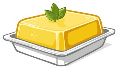 Cartoon dessert pudding in container with green leaves garnish, simple colorful illustration