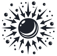 Abstract design with arrows pointing to a central sphere with bubbles and stars graphic