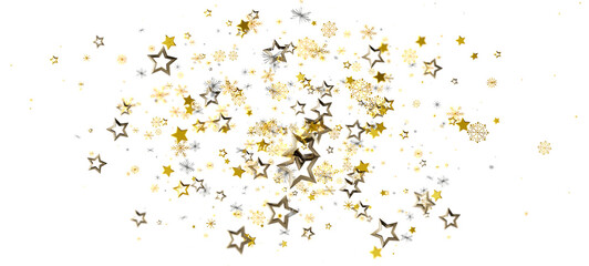 Elegant golden star confetti background with snowflakes and stars creating a whimsical, celebratory backdrop. Perfect for Christmas, New Year, b