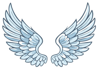 Cartoon illustration of a pair of symmetrical blue and white angel wings