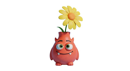 Whimsical monster vase displaying a vibrant yellow flower, perfect for children's illustrations and playful designs