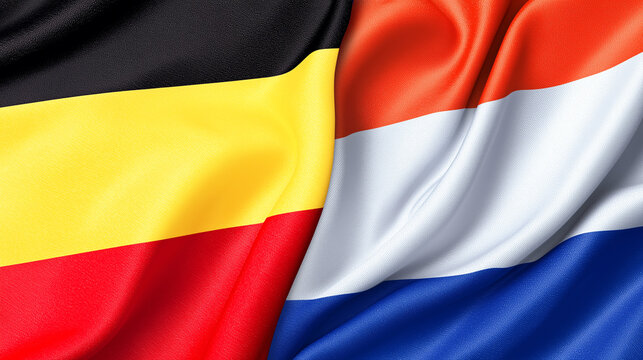 Belgium and Netherlands Flags Flowing Together Symbolizing Unity and Partnership, Ideal for International Business and Cultural Exchange Projects