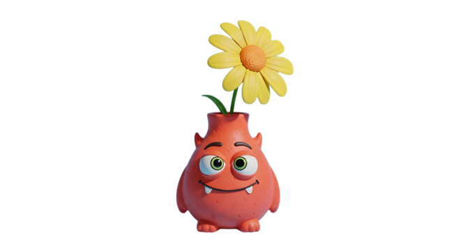 Whimsical monster vase displaying a vibrant yellow flower, perfect for children's illustrations and playful designs - Powered by Adobe