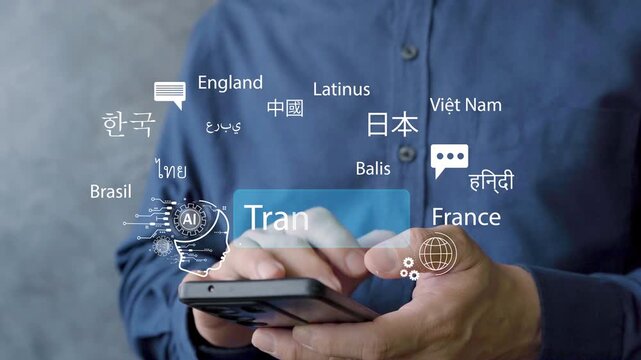 A man using smartphone with AI translator interface and global languages icons, representing modern translation technology, communication, and artificial intelligence for real time language conversion