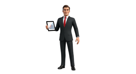 Confident businessman presenting positive business performance with growing charts on a modern tablet, ready to inspire and motivate