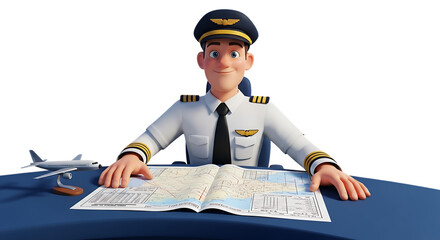 Cheerful airline pilot planning flight route with map and model aircraft, ready for takeoff, symbolizing travel and aviation career