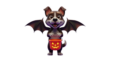 Adorable puppy dressed as a bat ready for Halloween trick or treating with glowing jack o'lantern bucket