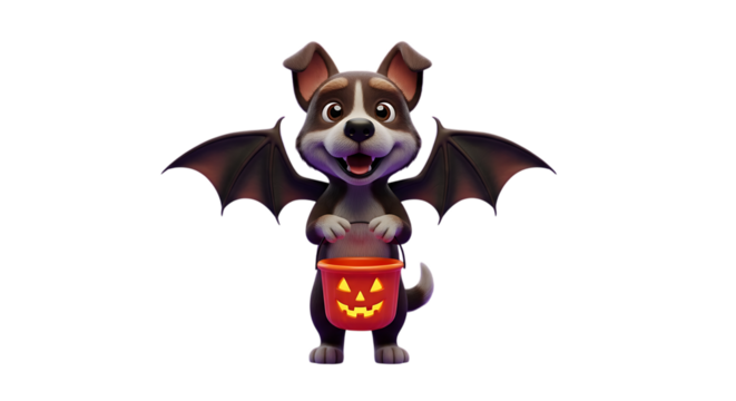 Adorable puppy dressed as a bat ready for Halloween trick or treating with glowing jack o'lantern bucket