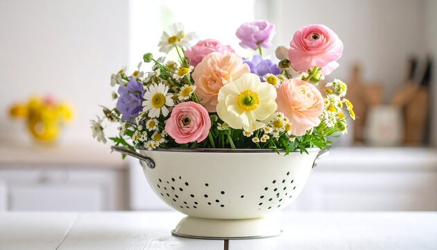 A vibrant floral arrangement with various blooms displayed in a colander, placed on a white table, with a blurred kitchen backdrop