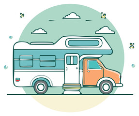 Cartoon illustration of a recreational vehicle with clouds and decorative elements.