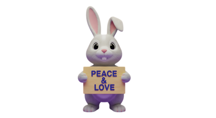 Cute bunny holding a sign with a message of peace and love, spreading joy and positivity, perfect for spring and Easter designs