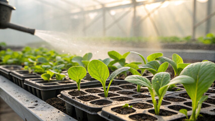 Young melon seedlings growing in pots under gentle sunlight and irrigation, symbolizing fresh growth, agriculture, and sustainable farming practices.