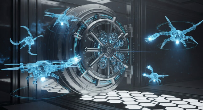 Advanced cyber security system with holographic scorpion bots guarding a futuristic circular vault door in a high-tech lab