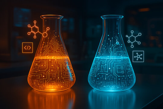 Modern science tech innovation with futuristic chemistry beaker and circuit board design - Powered by Adobe