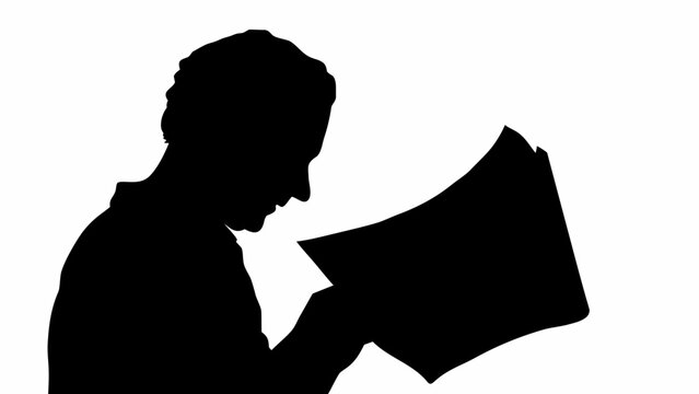 Man deeply engrossed in reading newspaper, absorbing details, staying informed, dark silhouette against white