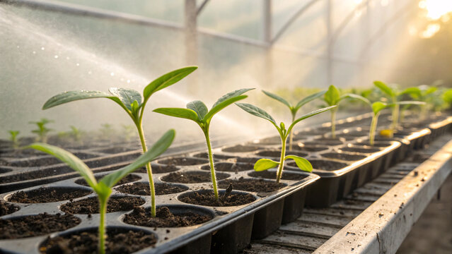 Young melon seedlings growing in pots under gentle sunlight and irrigation, symbolizing fresh growth, agriculture, and sustainable farming practices.