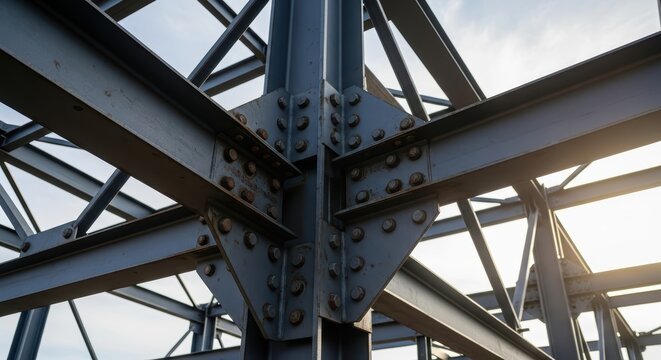 Industrial Steel Structure With Riveted Joints Against A Bright Sky With Sun Flare