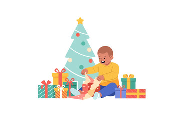 A child sits among presents by a Christmas tree unwrapping a gift with a happy expression