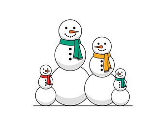 A family of four snowmen are standing on a white background