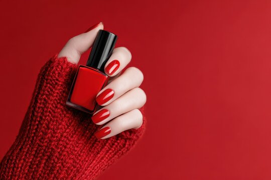 Woman s hand with elongated nails holding a red polish bottle