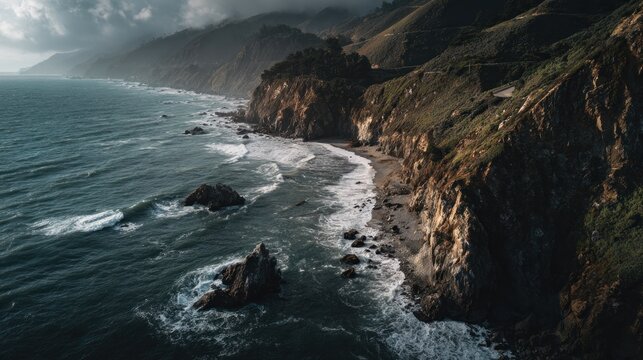 Stunning Coastal Landscape: Waves, Cliffs, and Moody Skies Captured in Dramatic Detail