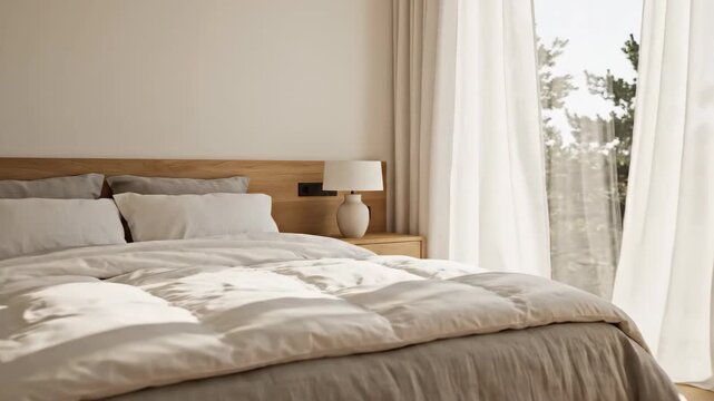 Minimal bright bedroom with neutral bedding &mdash; modern interior