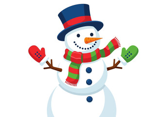 A snowman with a top hat scarf carrot nose twig arms mittens and buttons on a white background