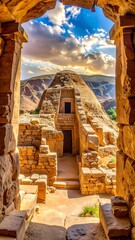 Ancient stone structure viewed from an arched entrance, dramatic sky