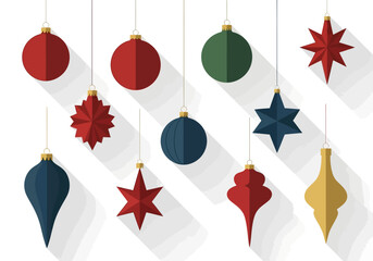 An array of festive Christmas ornaments hanging from thin strings against a white backdrop with long shadows