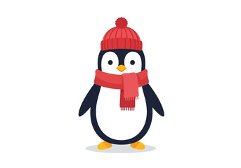 Cartoon penguin with red scarf and hat stands feet visible