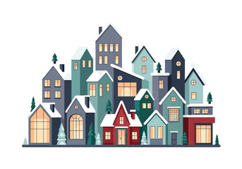 Cartoon townscape with houses  snowdusted roofs