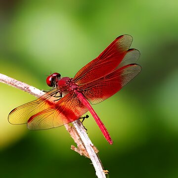 A vivid red dragonfly perched on a small branch against a blurred background