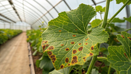 macro shot of melon leaf showing brown circular spots and yellow edges