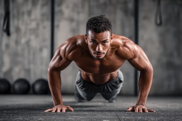 Obraz premium Young Hispanic man doing push ups at gym