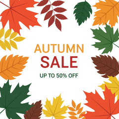 Autumn sale promotion with colorful leaves and text, offering discounts up to 50% off.