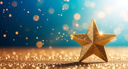 Golden star on a glittery surface against a blue bokeh background for festive celebrations