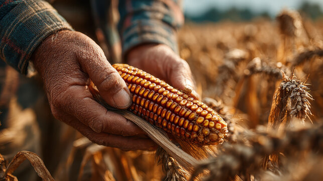 Farmer hands holding ripe ear of corn in sunlit field, showcasing harvest season. golden kernels glisten under warm sunlight, symbolizing abundance and hard work