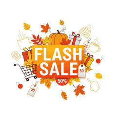 Autumn flash sale banner with pumpkin, leaves, gifts, shopping cart, and coffee cups.