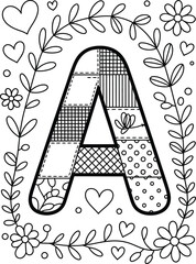 Letter A Floral Patchwork Coloring Page for Kids and Adults