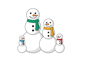 Four snowmen stand sidebyside varying in size each wearing a scarf