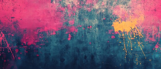 Obraz premium Abstract textured background with vibrant pink, yellow, and teal paint splatters and grunge effect, conveying a sense of urban art and decay.