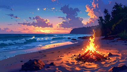 Animated sunset scene with beach, campfire, and ocean waves