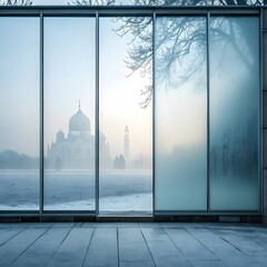 Hazy Taj Mahal Through Winter Window: Tranquil Scene, Architectural Silhouette, Frosty Glass, Minimalist Design, Serene View, Cold Weather, Historic Landmark, Asian Architecture