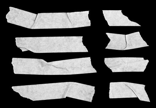 Set of Torn White Adhesive Tape Pieces on Black Background &ndash; Realistic Masking Tape Texture Collection