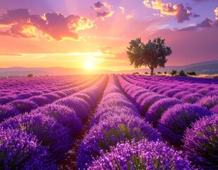 Fototapeta premium Lavender Field at Sunset A Serene Landscape.