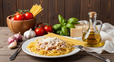 Italian Spaghetti Carbonara With Tomatoes Garlic And Basil On Rustic Wooden Table