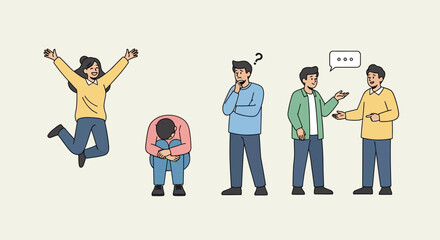 Vector illustration of emotional body language – modern character poses for communication, teamwork, and lifestyle concepts